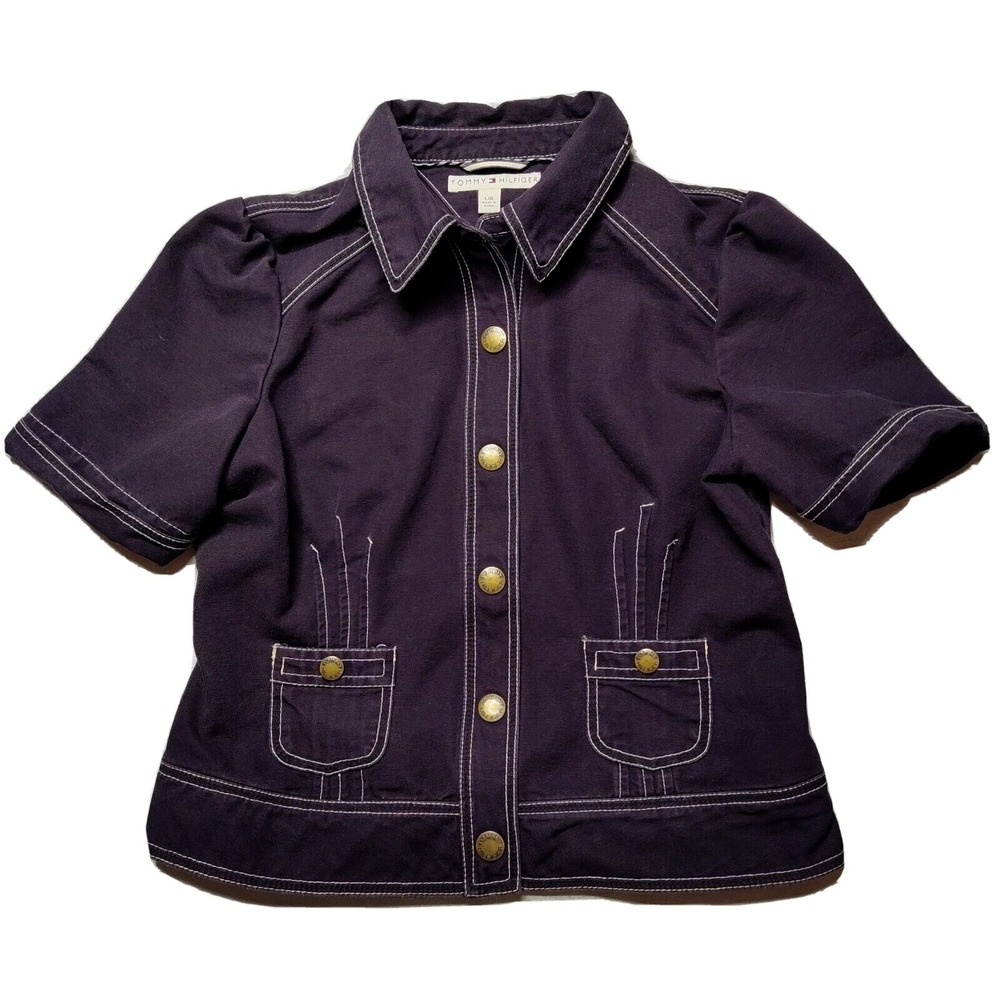 TOMMY HILFIGER Y2K Women Large Purple Snap Button Short Sleeve Denim Shacket